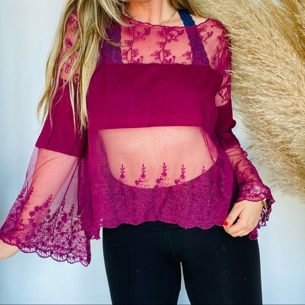 FREE PEOPLE Maroon Red Sheer Lace Mesh Long Bell Sleeve Crop Top Blouse Shirt M